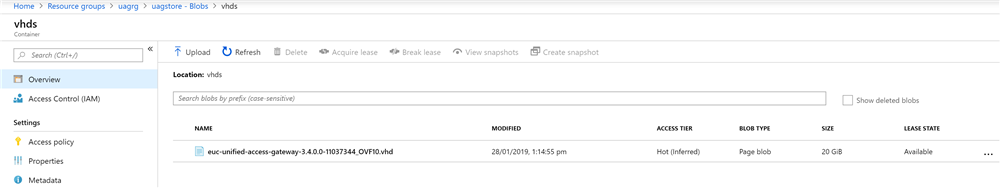 The uploaded .vhd image is listed in the vhds container. The uploaded .vhd image is listed in the vhds container.