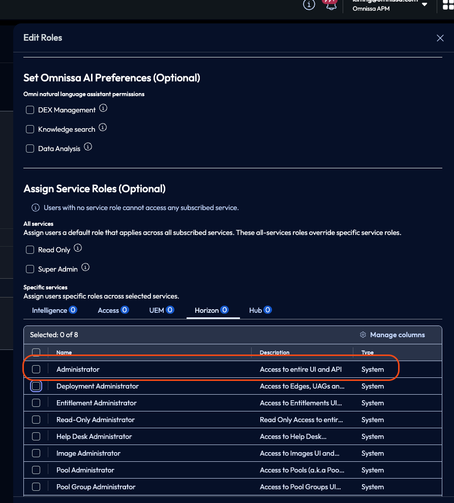 Set the Admin role in Omnissa Connect