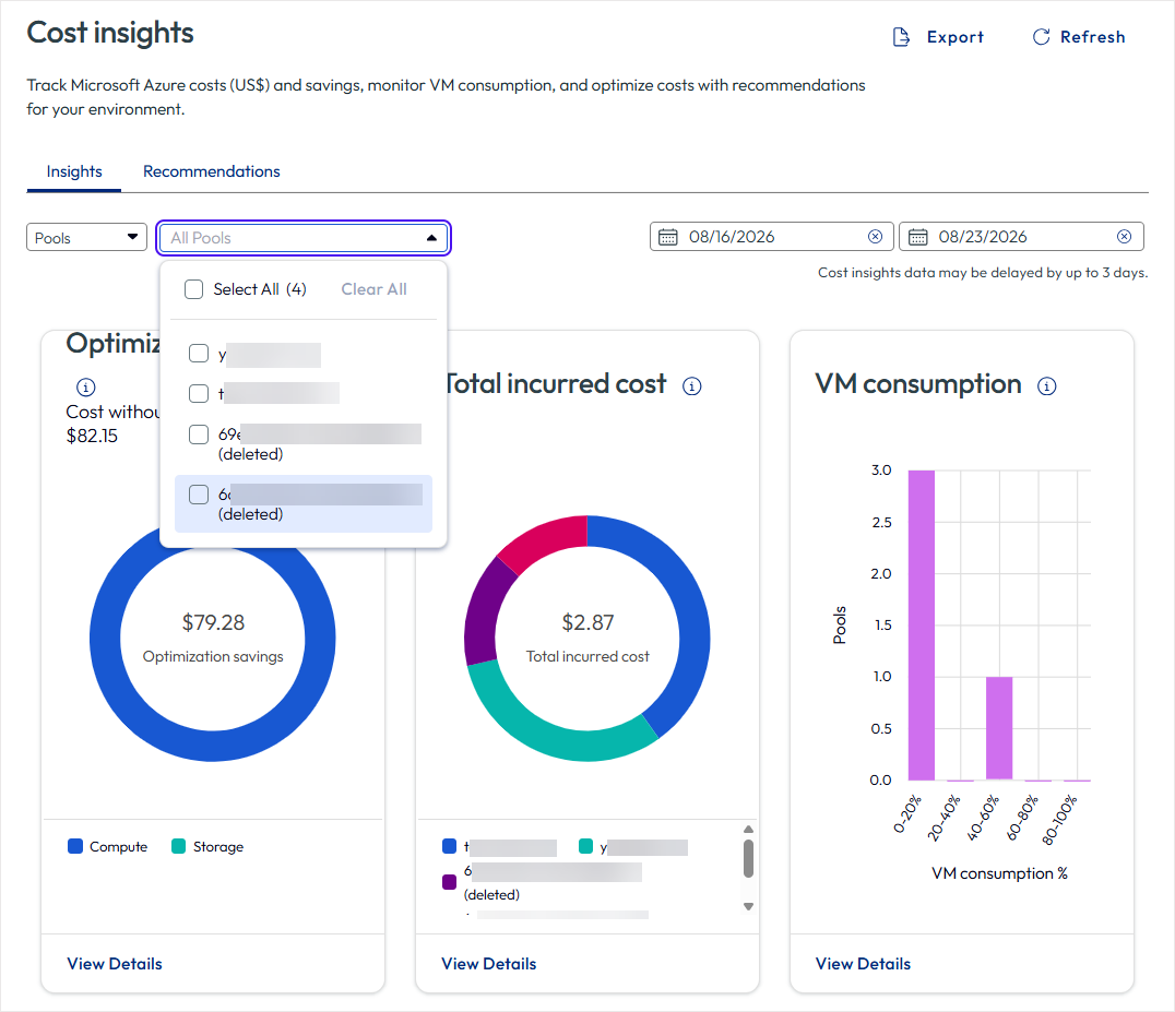 Cost Insights page in Horizon Universal Console with Export button on top right.