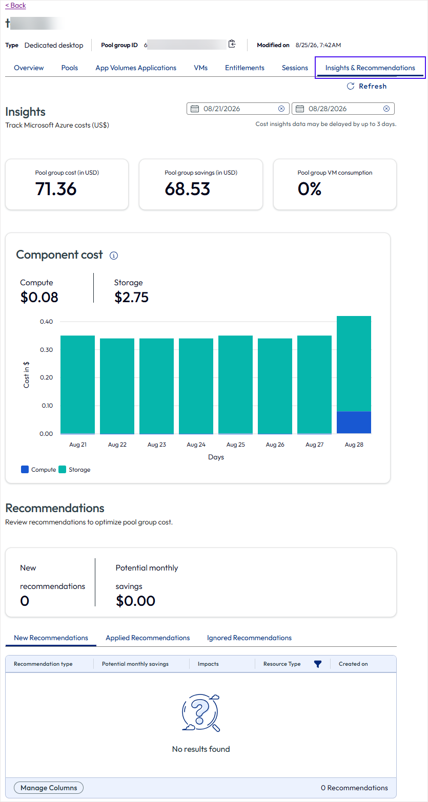 From the Pools or Pool Groups view, the cost Insights & Recommendations tab in Horizon Universal Console is shown.