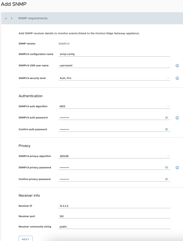 Add SNMP wizard first step showing SNMP version selection and port configuration fields