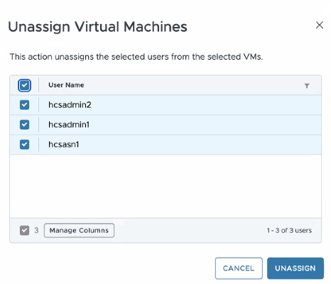 The Unassign Virtual Machines dialog box with a list of three users to be unassigned from VMs.