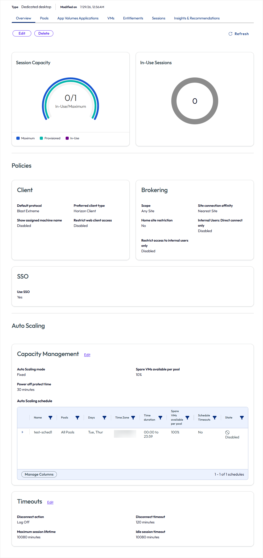 In the console, it shows a sample Floating Desktop pool type open to the Overview tab.
