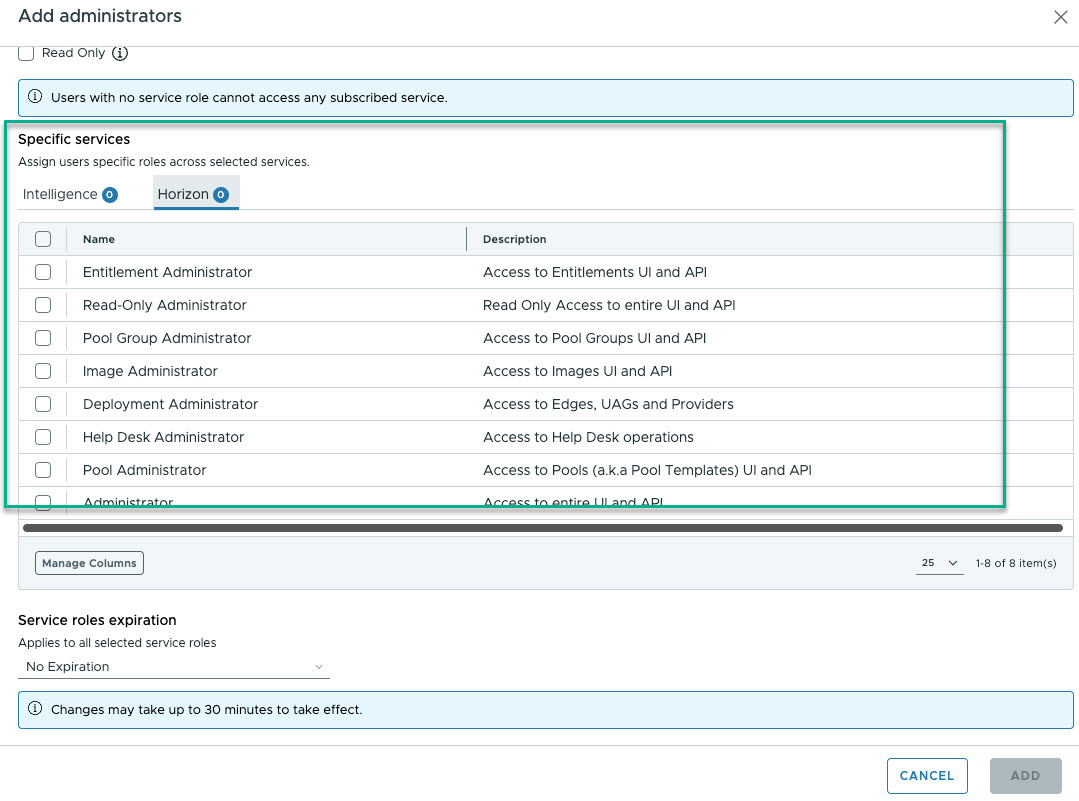 Omnissa Connect home page showing Horizon Cloud tile in available services grid