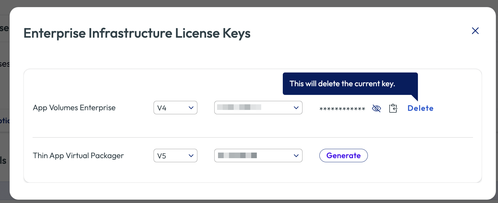 Enterprise Infrastructure License Keys page with Delete button next to generated key for key removal Enterprise Infrastructure License Keys page with Delete button next to generated key for key removal