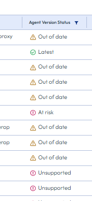 Status dashboard showing multiple VMs with Horizon Agent versions, status indicators, and update availability