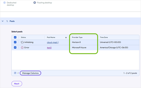 When adding pool groups, Section 1. Pools is shown having two pools selected, one with a Horizon 8 provider and one with an Azure provider type.
