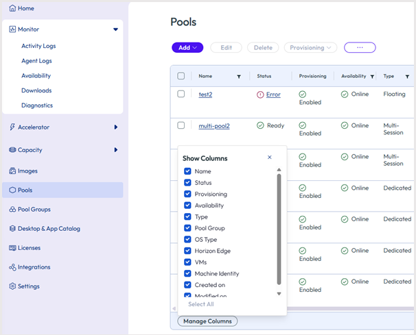 The Pools page is visible showing the ability to Manage Columns by selecting what you need.