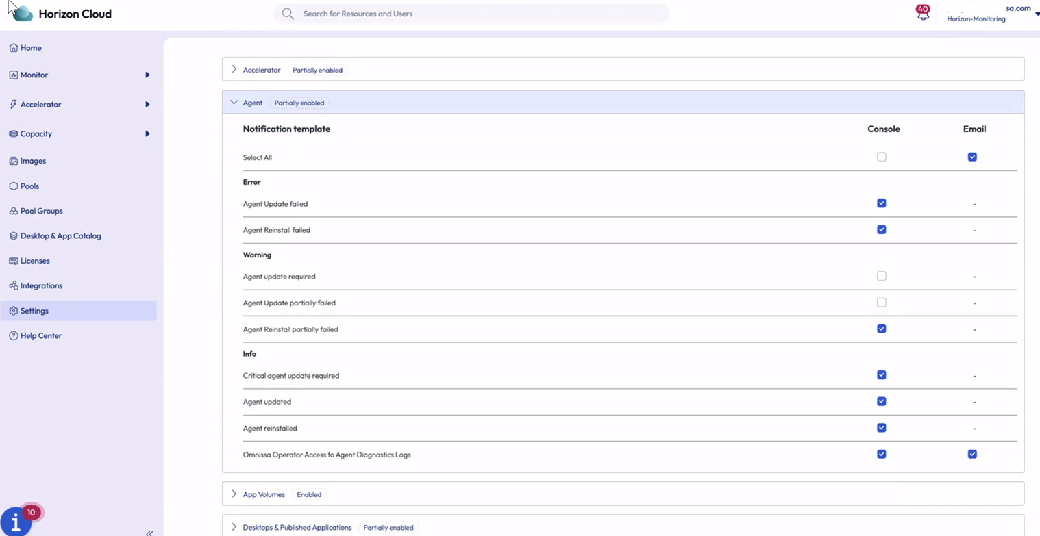 Example showing a partially enabled Agent console settings Example showing a partially enabled Agent console settings