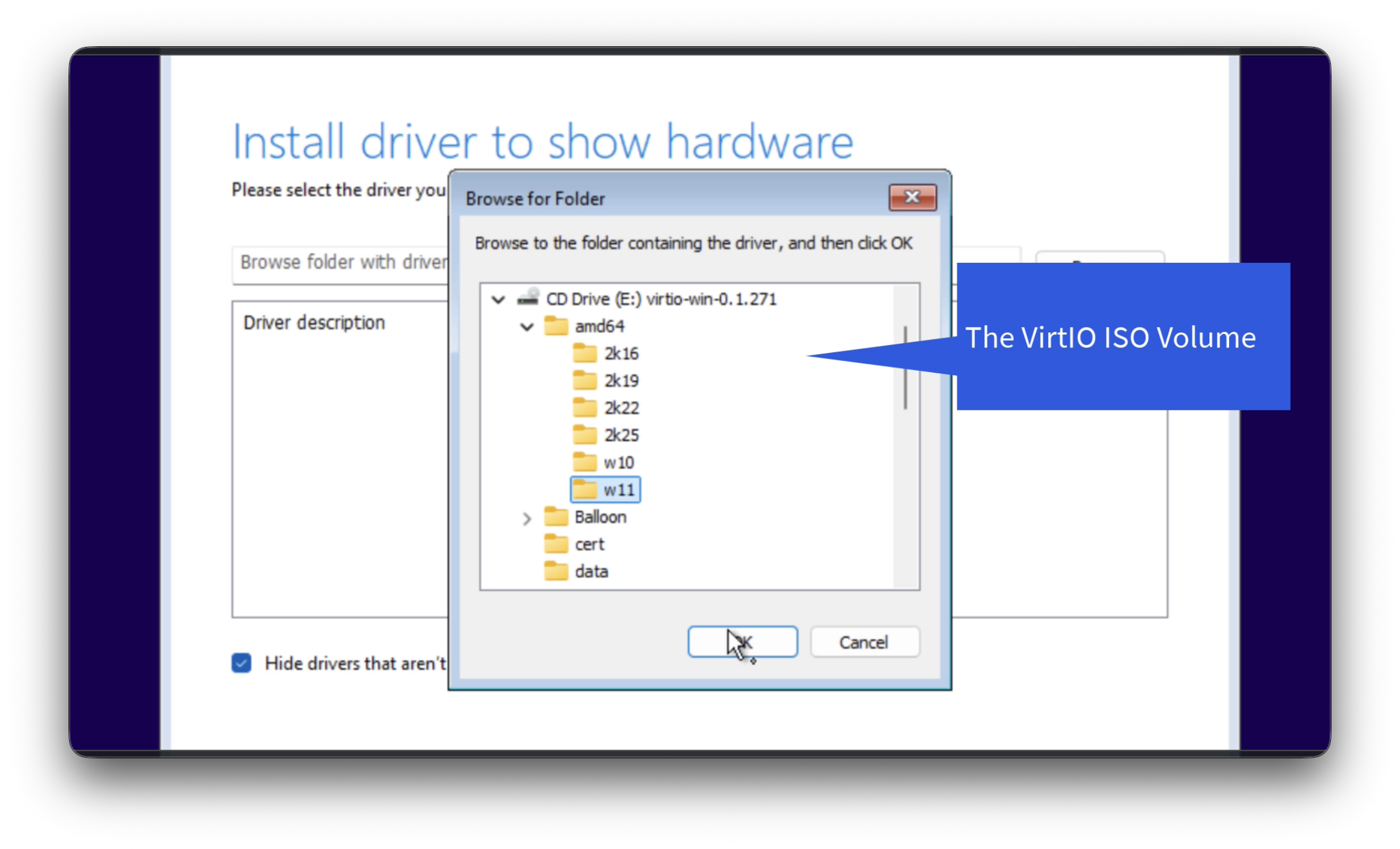 Install driver window displaying the virt-win selection