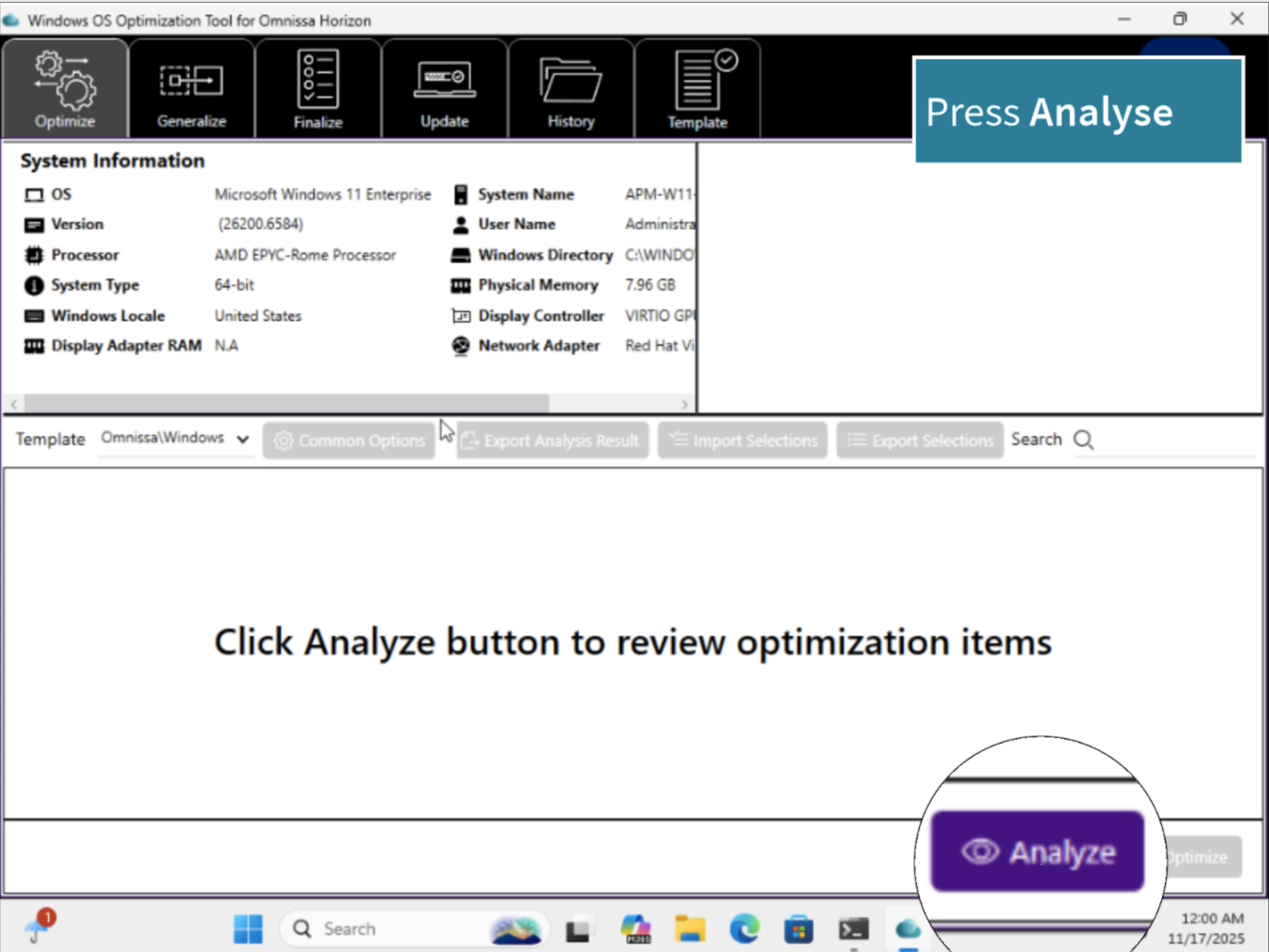 OS Optimization Tool showing Analyze button