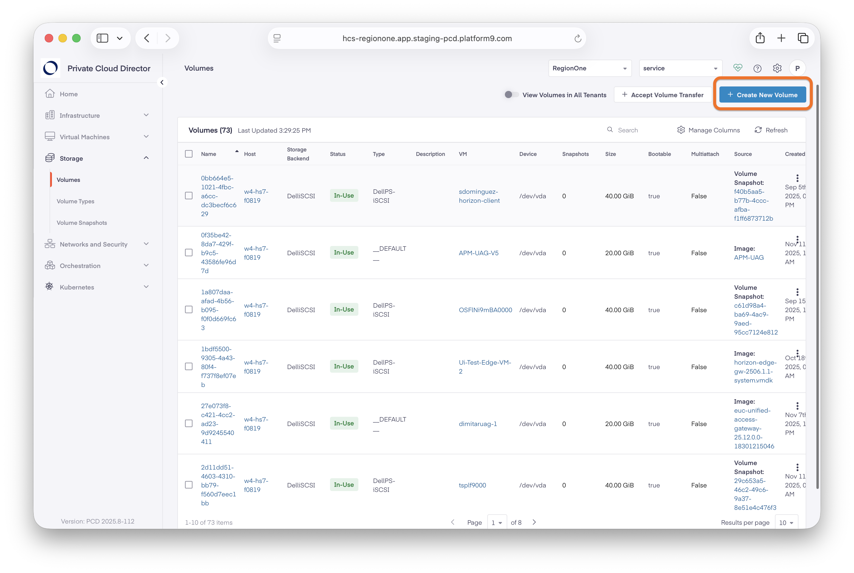 PCD screen showing the Create New Volumes option