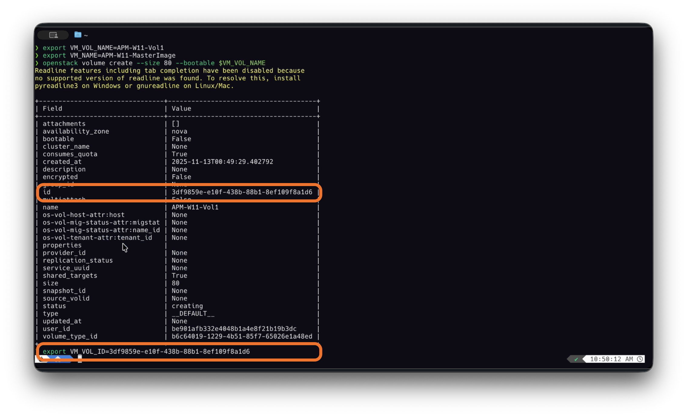 Terminal window the id to use for the VM_VOL_ID variable value