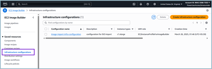 EC2 Image Builder dashboard showing Infrastructure configurations in left navigation menu EC2 Image Builder dashboard showing Infrastructure configurations in left navigation menu