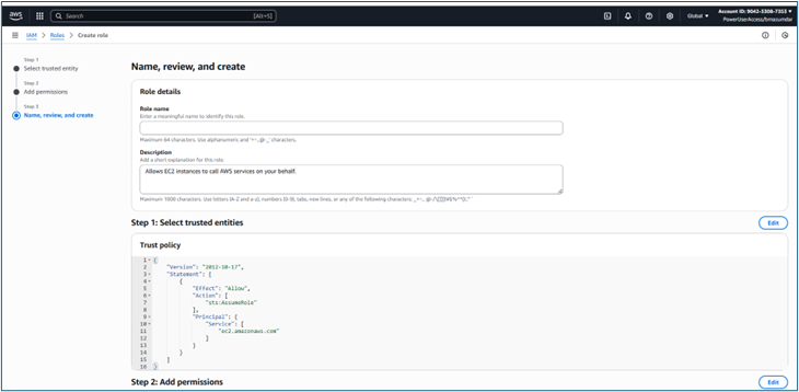 Name, review, and create page showing HorizonCloudImageBuilder role name and trust policy summary Name, review, and create page showing HorizonCloudImageBuilder role name and trust policy summary