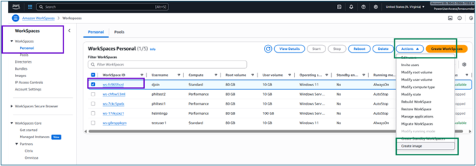 WorkSpaces Personal page Create image option WorkSpaces Personal page Create image option
