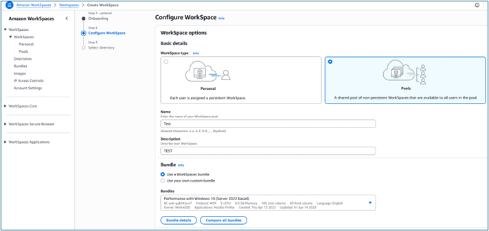 Configure WorkSpace page Configure WorkSpace page