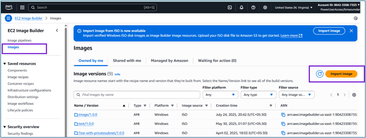 Import image button in EC2 Image Builder Images page header