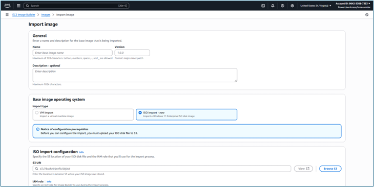 Import image wizard General section with image name field and Windows Server 2022 OS version selected