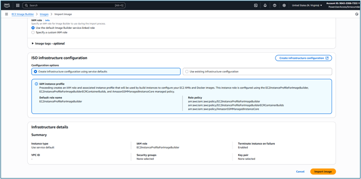 Infrastructure configuration section showing ISO configuration with IAM role and instance settings