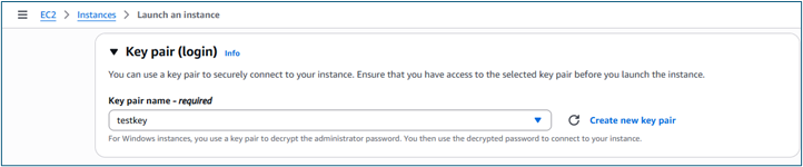 Key pair login section showing Create new key pair option and RSA format selection