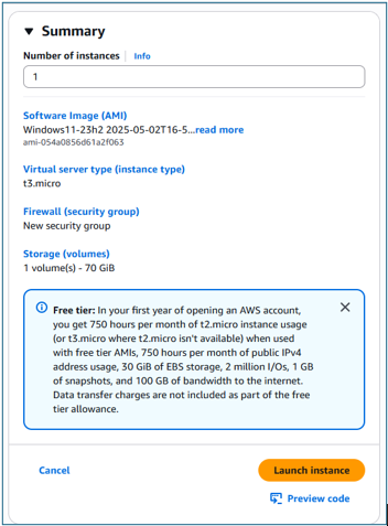 Instance launch summary showing configuration review with Launch instance button at bottom