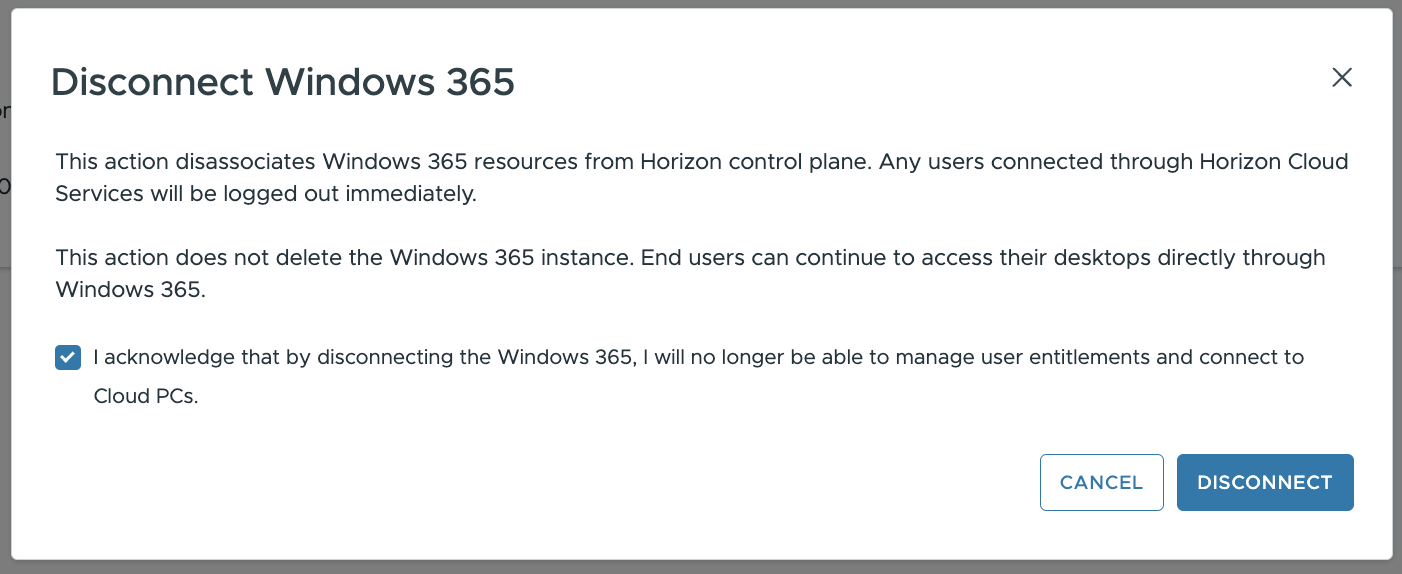 Disconnect Windows 365 confirmation dialog warning about impact on active user sessions