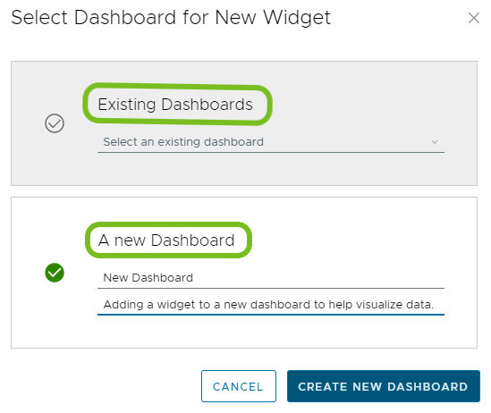 Add widgets to a new or existing dashboard to see it in your Workspace. Add widgets to a new or existing dashboard to see it in your Workspace.