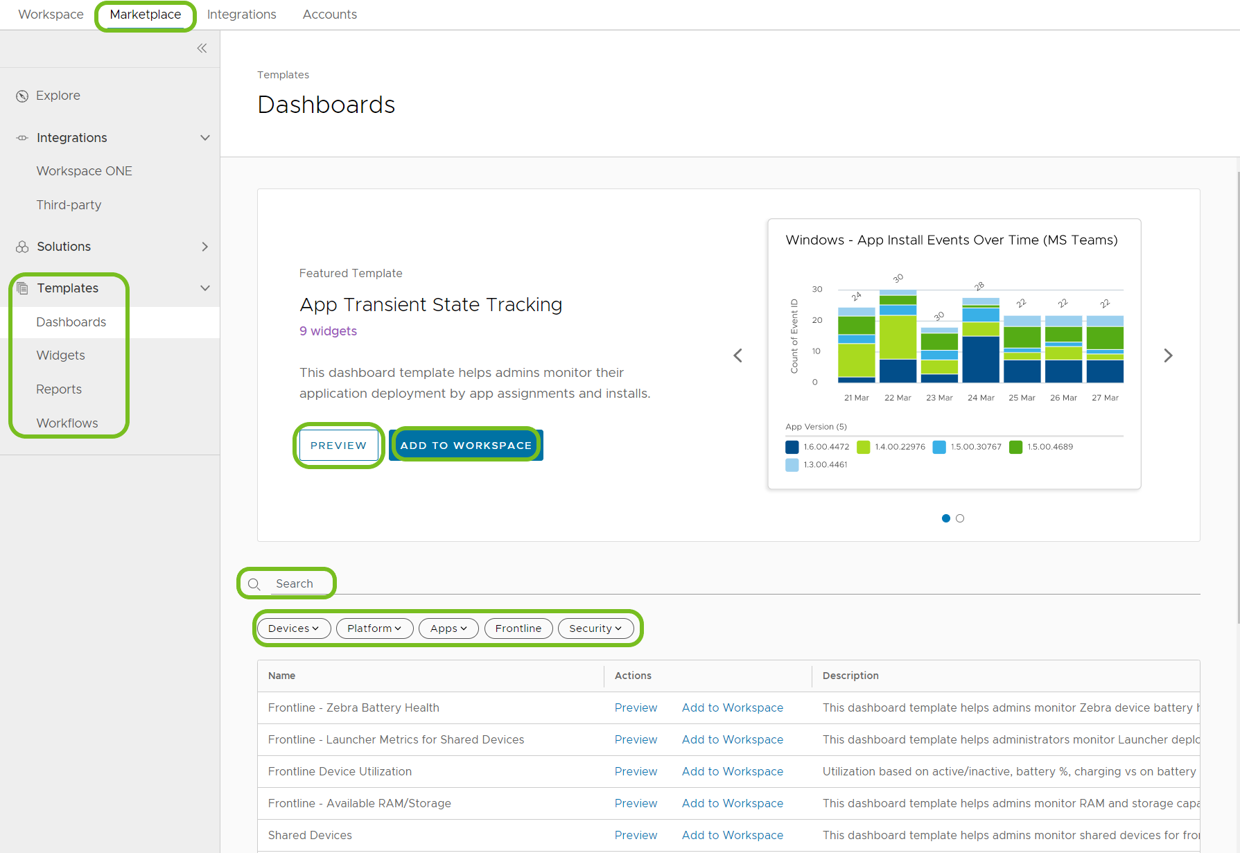 Use any action in the Dashboard templates to help you find templates for your environment. Preview them before you add them to your Workspace. Use any action in the Dashboard templates to help you find templates for your environment. Preview them before you add them to your Workspace.