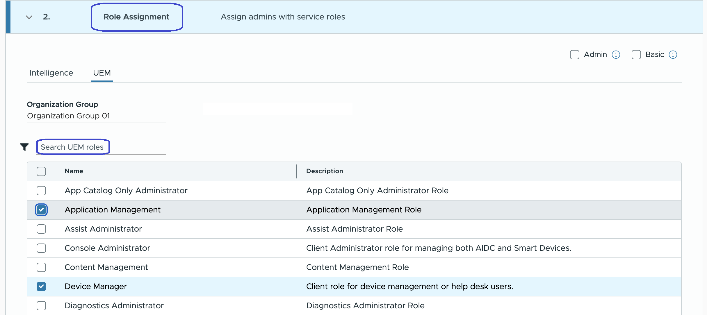 Select admin roles from the results list to assign them to admins.