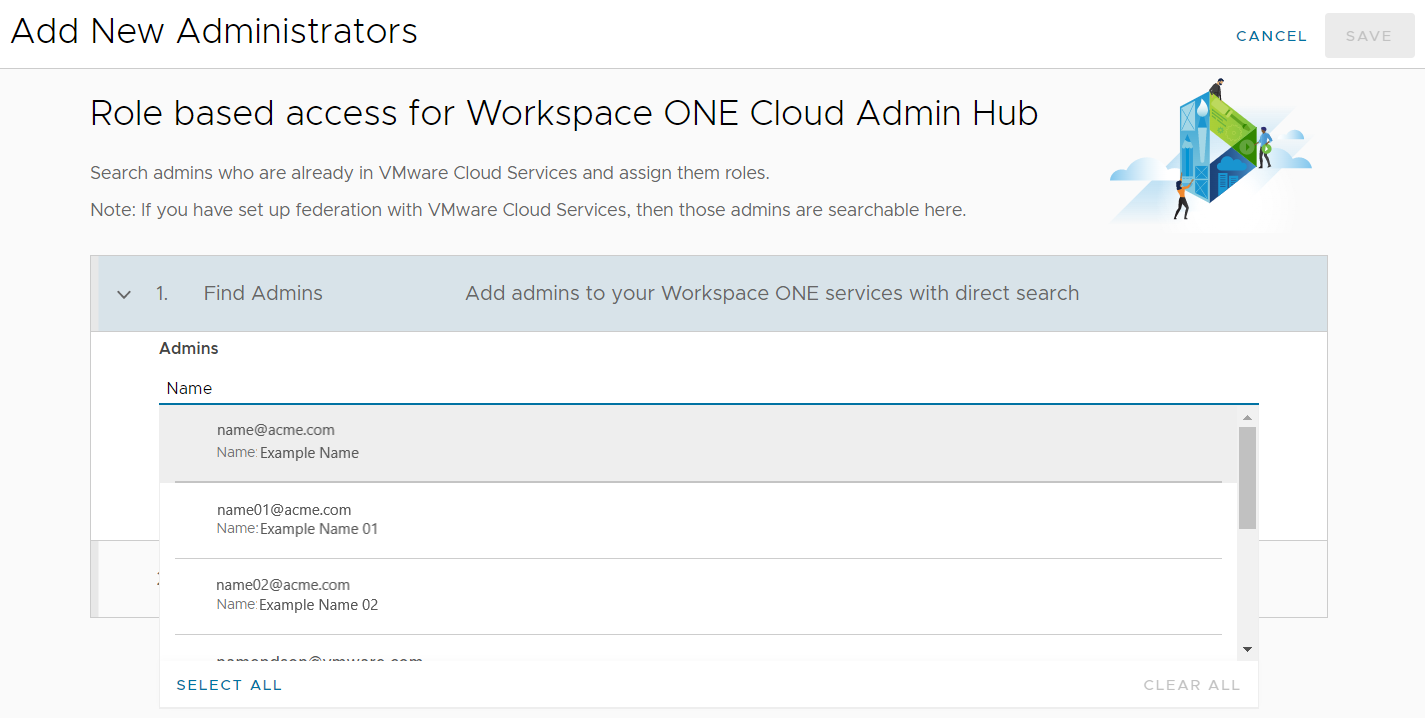 Enter the admin's name and the wizard displays a results list for you to make your selections.