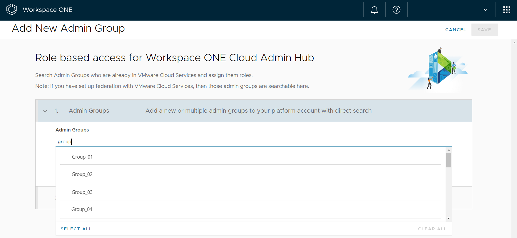 Select admin groups from the results list so you can assign them admin roles in the Role Assignment section.