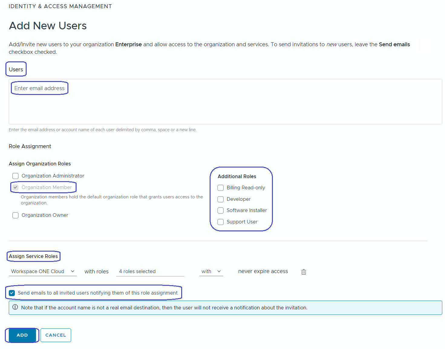 Selecting Add Users displays Add New Users wizard where you can configure their roles and permissions.