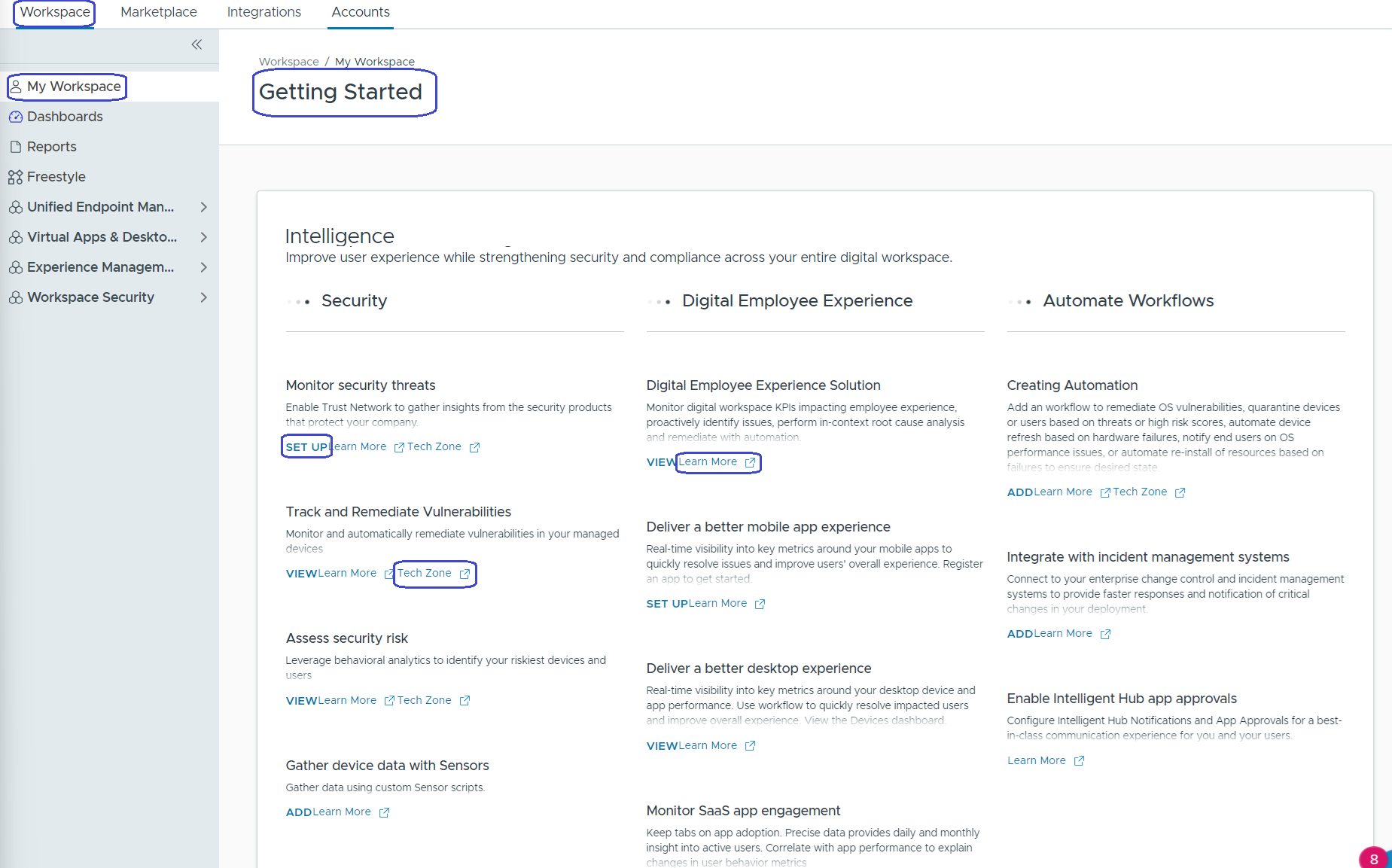 In the Cloud Admin Hub console, find information from Tech Zone .