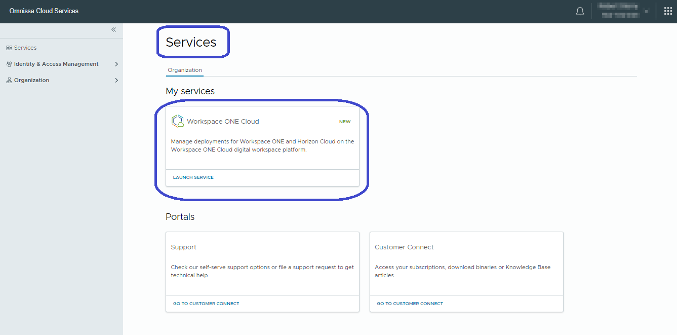 Access your Workspace ONE services in the Omnissa Cloud Services console.