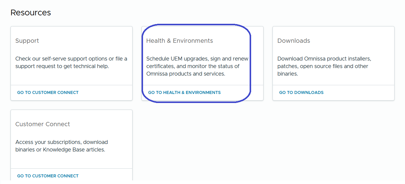 Use the Health & Environments tile to schedule upgrades, work with certificates, and monitor Omnissa environments. Use the Health & Environments tile to schedule upgrades, work with certificates, and monitor Omnissa environments.
