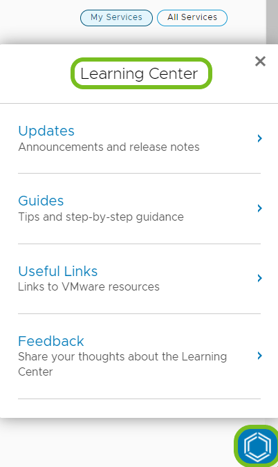 Find the Learning Center using the icon on the bottom right of the Hub. Find the Learning Center using the icon on the bottom right of the Hub.