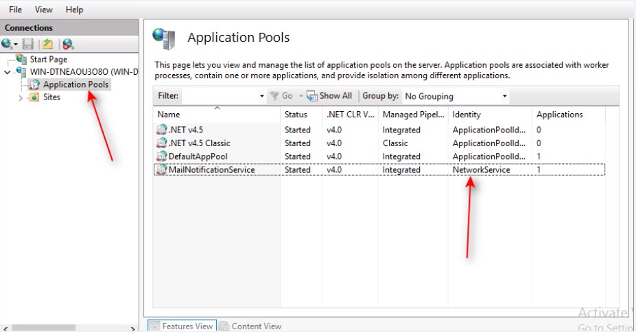ENS application pool identity account is set to NetworkService ENS application pool identity account is set to NetworkService