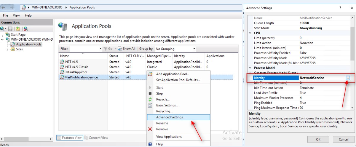 ENS application pool identity account is set to NetworkService ENS application pool identity account is set to NetworkService
