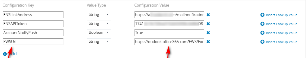 ENS2 settings configured with the EWS URL ENS2 settings configured with the EWS URL