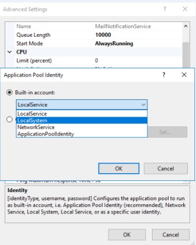 Change application pool identity from NetworkService to LocalSystem Change application pool identity from NetworkService to LocalSystem