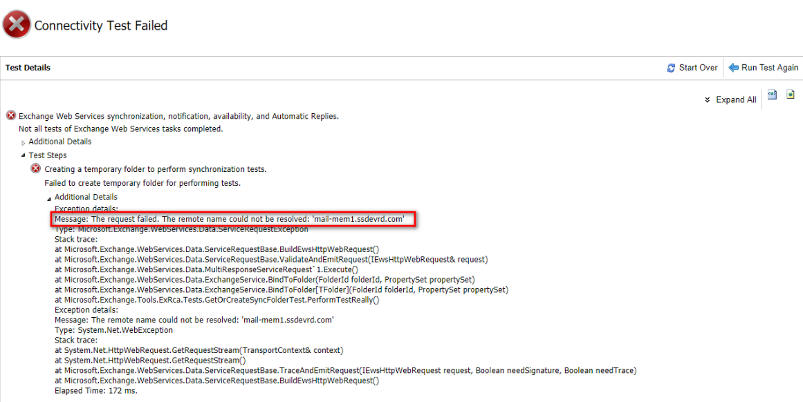 Connectivity test failed when the remote server cannot be resolved Connectivity test failed when the remote server cannot be resolved