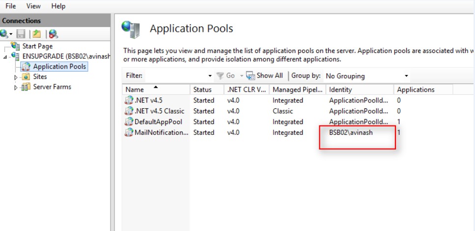 In the application pool screen, the AD user and the identity is set to the AD user itself In the application pool screen, the AD user and the identity is set to the AD user itself