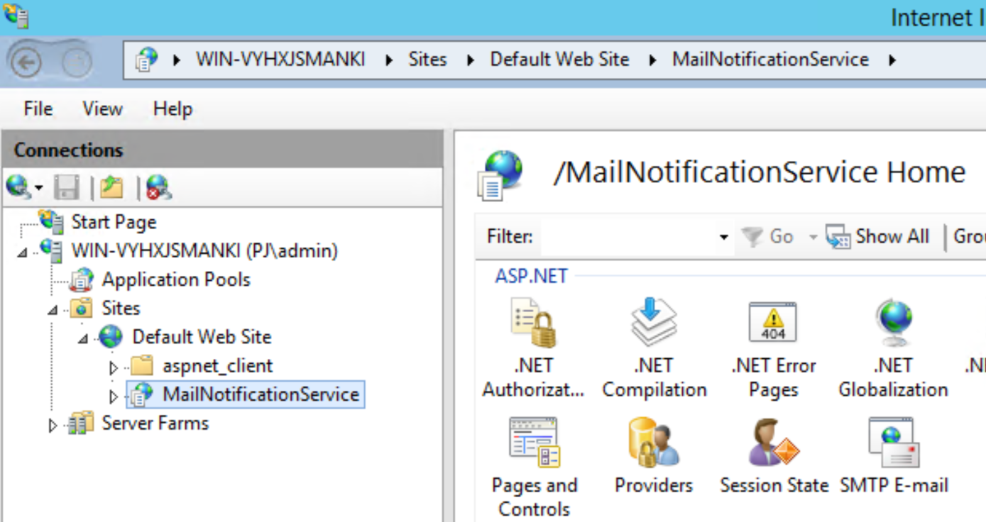 Mail notification service in the IIS Manager