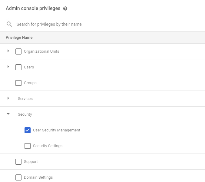 Admin console privileges for the new role