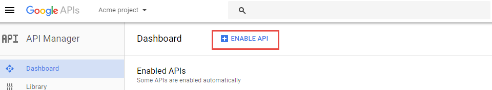 Google APIs dashbaord enable API screen
