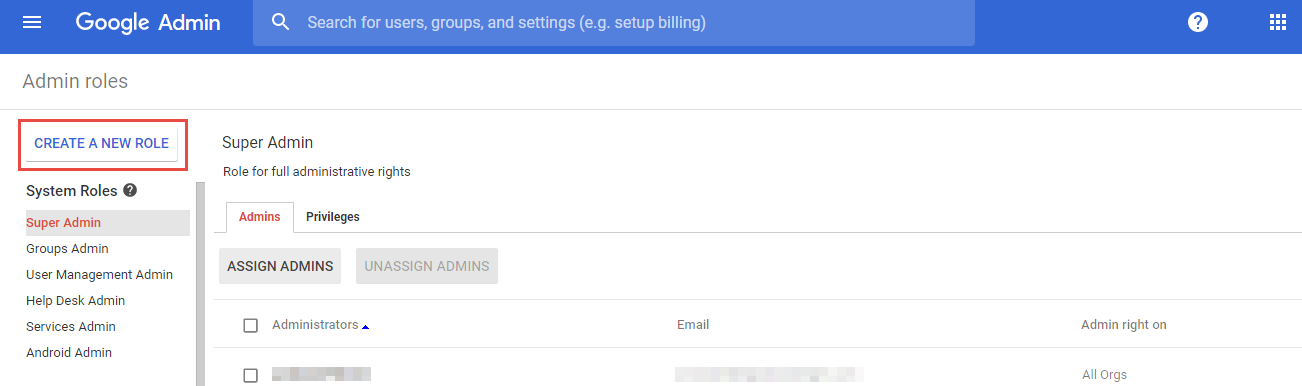 Admin roles screen in the Google admin console dashbaord
