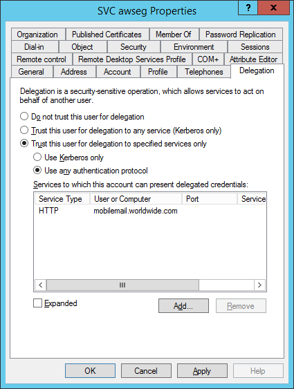 Add Exchange server name to the service account Add Exchange server name to the service account