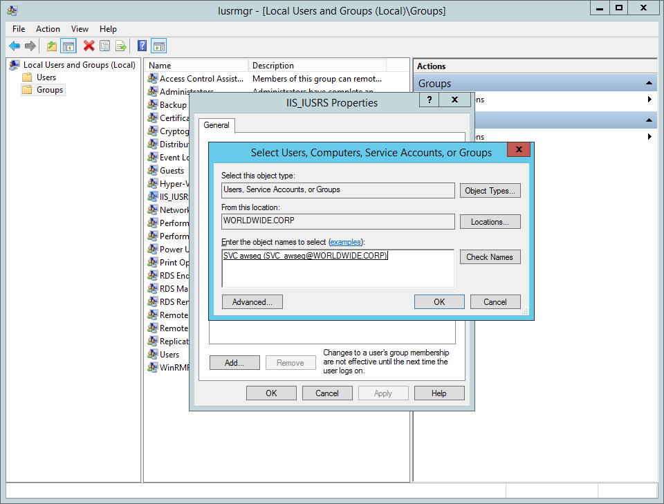 Add service account to local IIS_IUSRS group of the CAS/EAS server Add service account to local IIS_IUSRS group of the CAS/EAS server