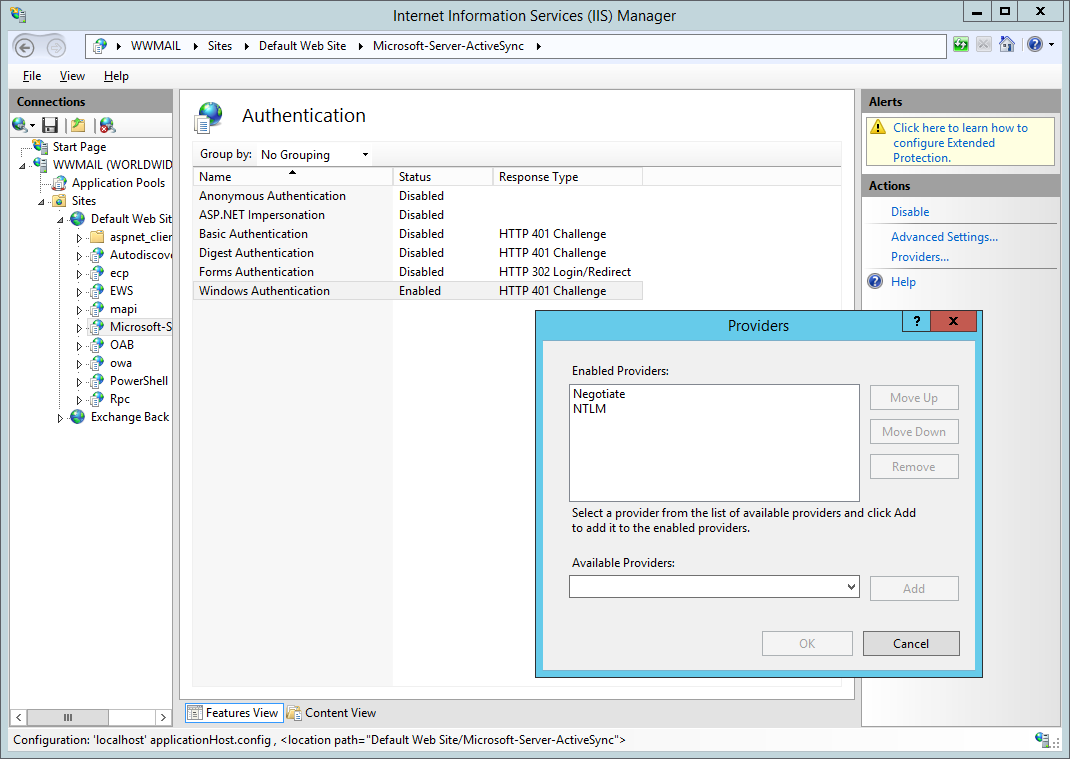 Enable Windows authentication and add negotiate as authentication providers.